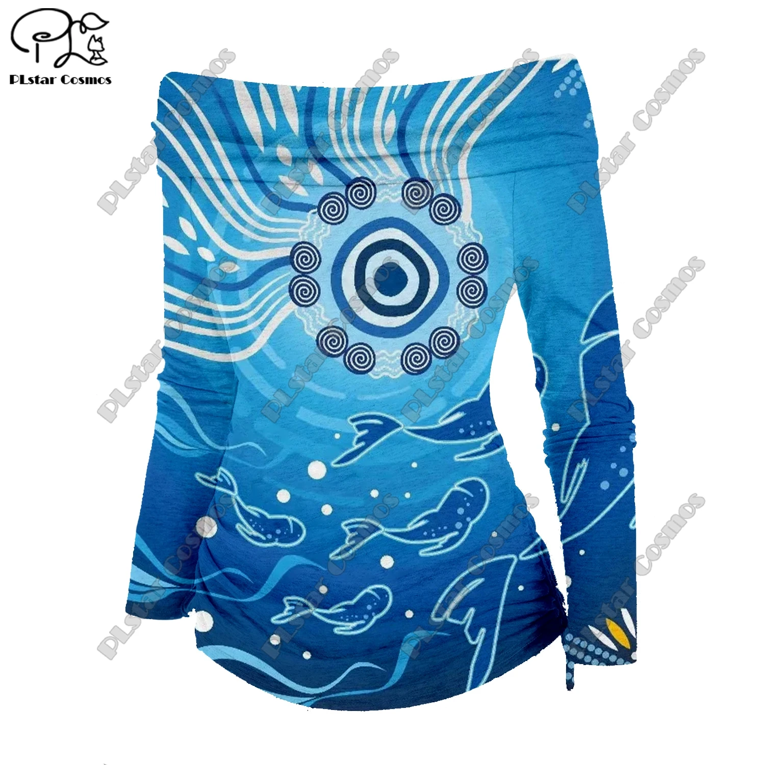 3D printed Hawaiian series colorful retro turtle pattern art print off-shoulder pleated tight T-shirt women's casual top   G-2