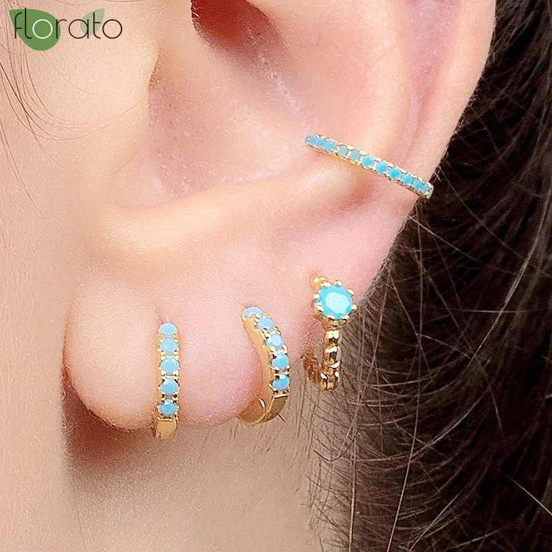 925 Sterling Silver Small Hoop Earrings, Blue Pendant