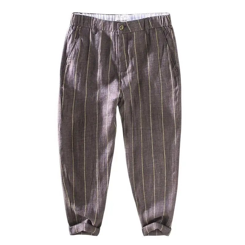 Pantalones de chándal de lino con cremallera para hombre, ropa de calle masculina, holgada, informal, fina y recta, con bolsillos, para verano, 100%