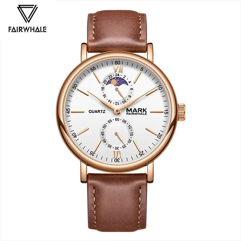 

Simple Fashion Watch For Men Brand Mark Fairwhale Brown Leather Strap Clock Luxury Moon Phase Quartz WristWatch Man Reloj Hombre