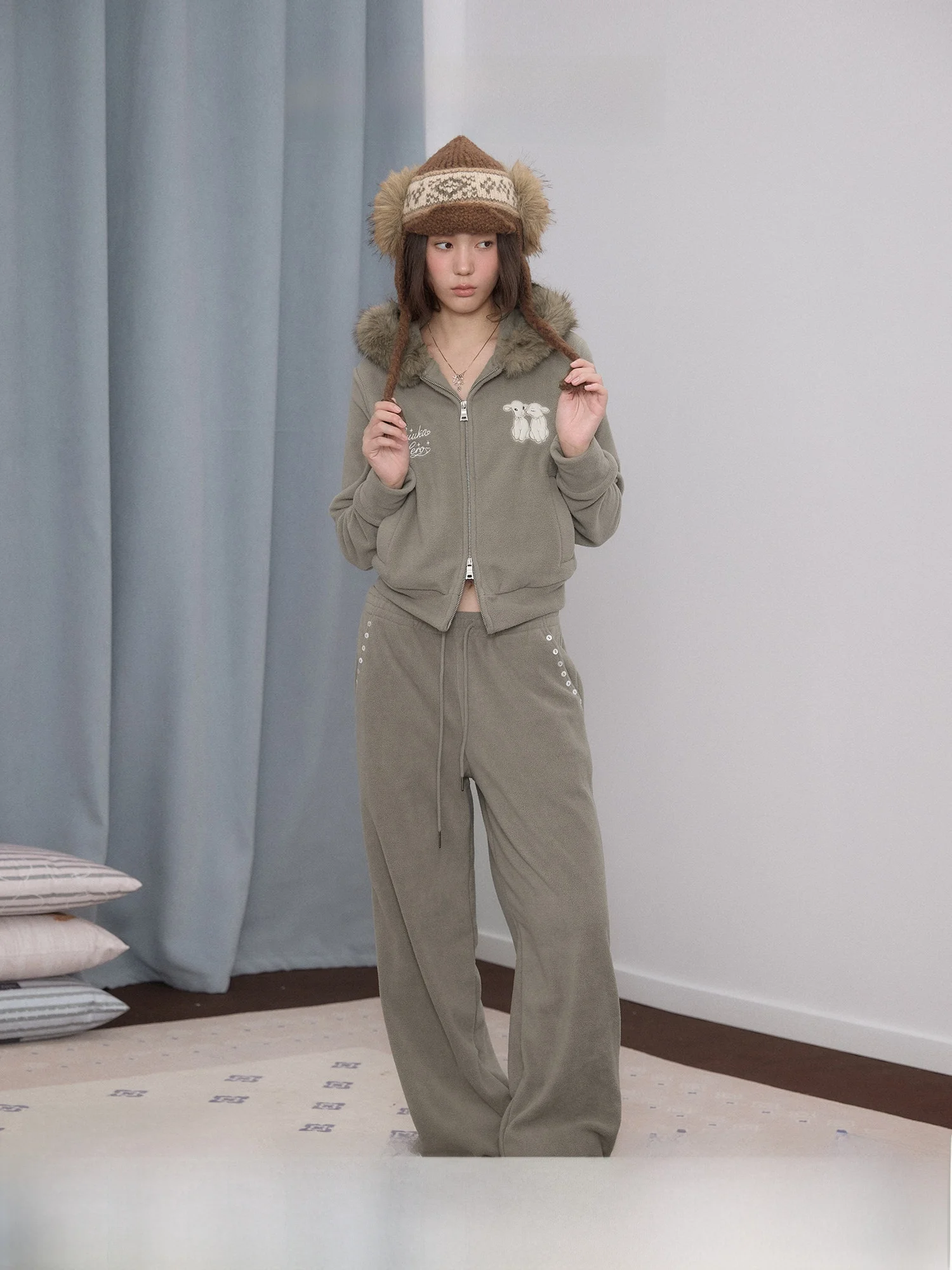 Guukahero Vintage Fleece Thin Fleece Sweatpants Women's Side Ironed Design Loose Drapey Straight Casual Pants Citywalk Date