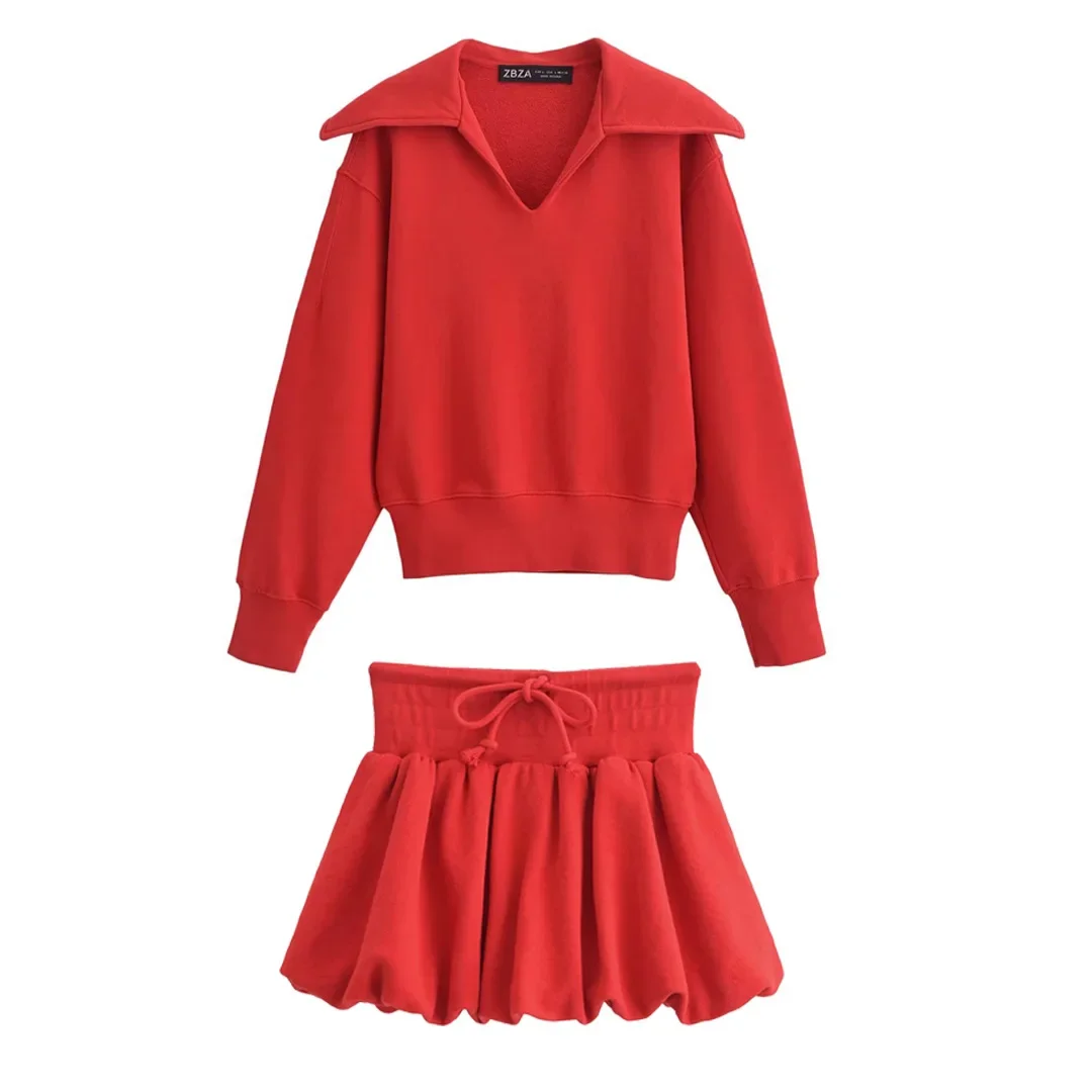 

Pop 2025 модные женские красные толстовки с капюшоном, комплекты с юбкой, простой пуловер с длинными рукавами, укороченный свитер, мини-юбка на шнурке, наряды