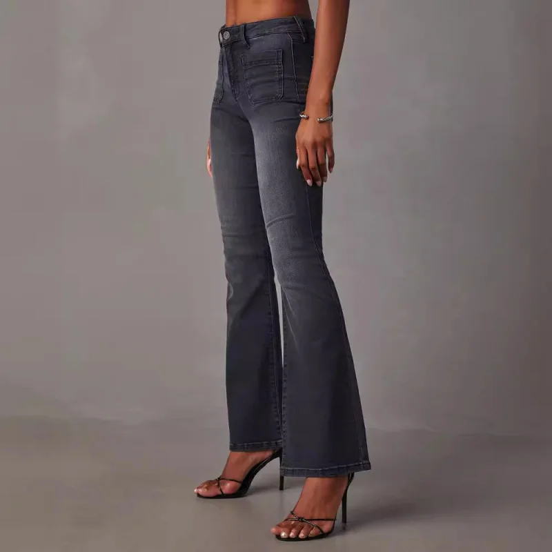 Pantaloni svasati in Denim da donna Jeans neri a vita alta