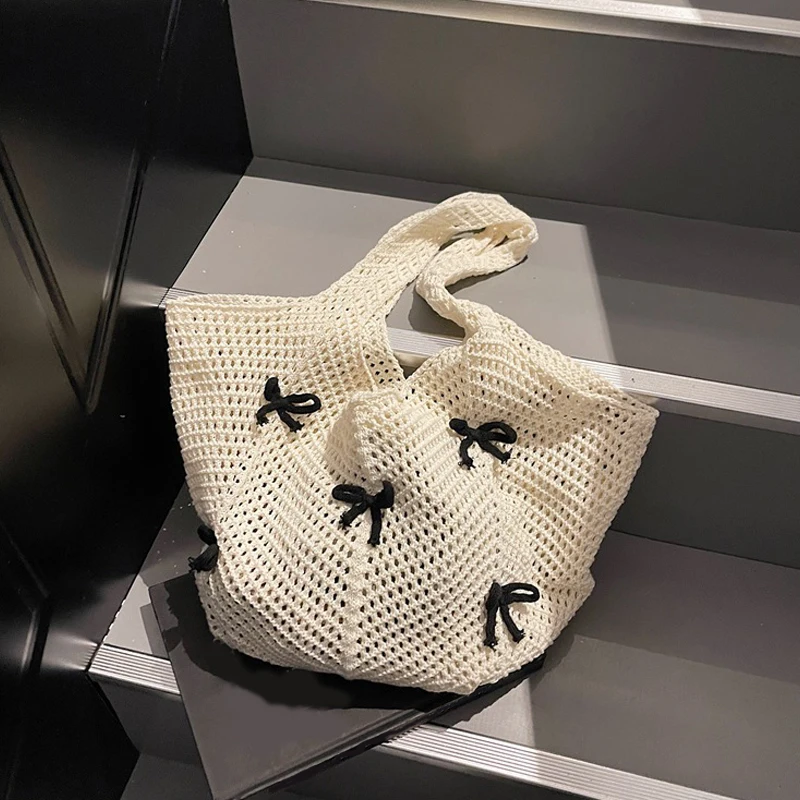 Frauen Schleife Häkeln Tote Einfarbig Multifunktionale Gestrickte Tasche Niedliche Ästhetische Handtasche Mädchen Hobo Tasche für Urlaub Reisen