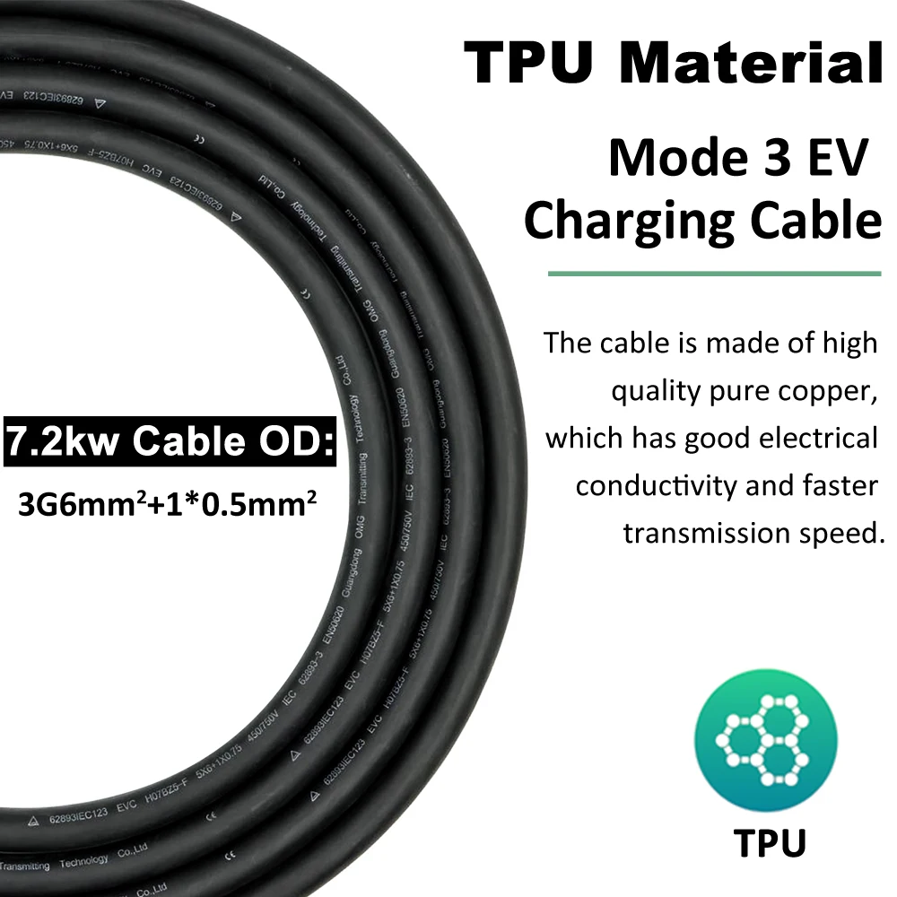 10M EV Car Charging Cable 32A 7KW Single Phase EU Mennekes Mode 3 Type 2 to Type 2 for Electric Vehicle Fast Charging Station