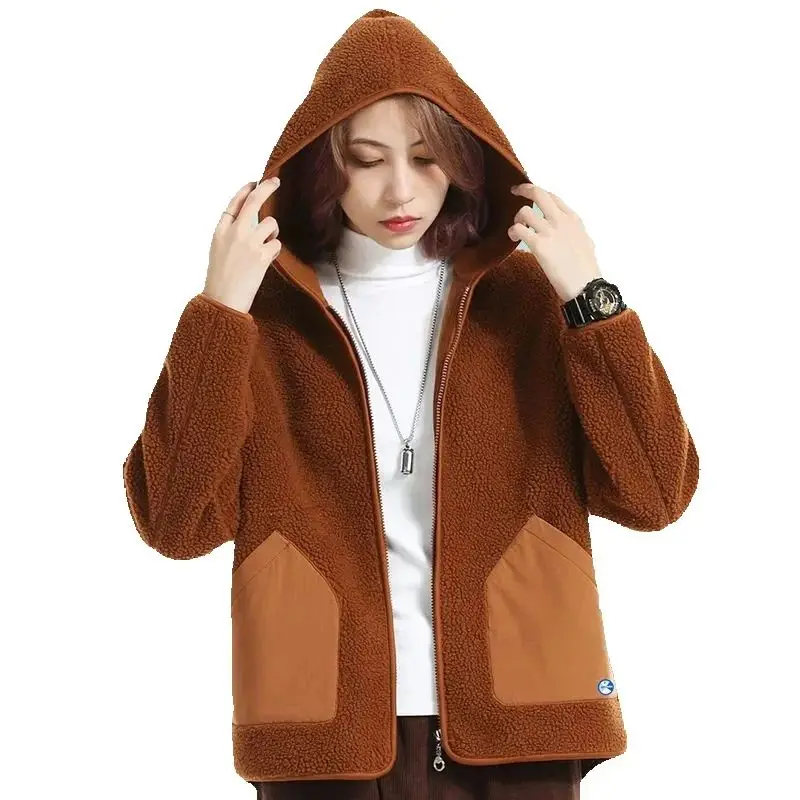 

Fleece Sweater Clothes Girl New Style Polar Fleece Overcoat Hooded New Imitation Lambswool Plush Coat Thickened Loose