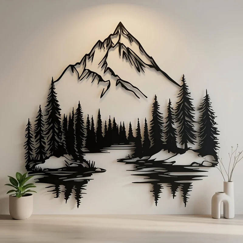 1Large metal mountain range wall decoration - Black and white landscape 1pc