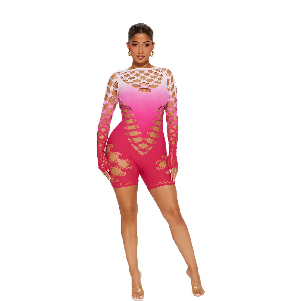 Sexy Tie Dye Hollow Out Pink Playsuits Women Stunning O-Neck Long Sleeve Skinny One Piece Rompers 2024 Midnight Club Wear