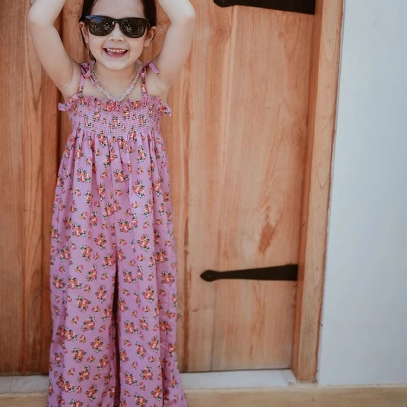Korean Style Childrens Clothing Girls Retro Floral Suspender Jumpsuit Summer Jumpsuit Trousers Loose Wide Leg Pants