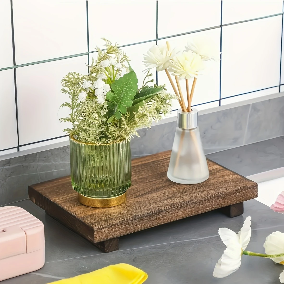 Bandeja de madera, soporte de Pedestal, decoración de baño, tocador de madera, manos, jabón, vela perfumada, soporte de almacenamiento, bandeja, soporte de condimentos de cocina