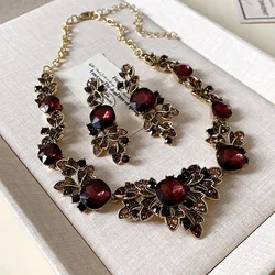 Vintage Leaf Necklace Earrings For Women Brown Crystal Earrings Banquet Weddings Jewelry Sets