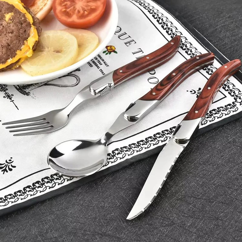 

Jaswehome Laguiole Набор столовых приборов из нержавеющей стали Нож для стейка Вилка Ложка с деревянной ручкой Столовые приборы Набор кухонной столовой посуды