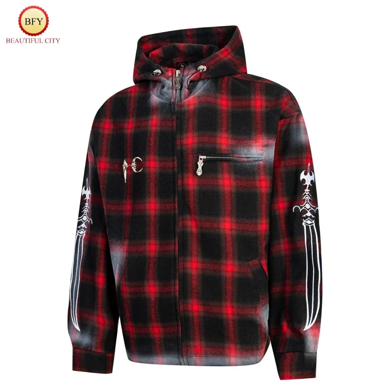 Red Checkered Thug Club24SS Holy Sword Metal Embroidery Logo Top Quality Zipper Flannel Mens Womens Hoodie Coats