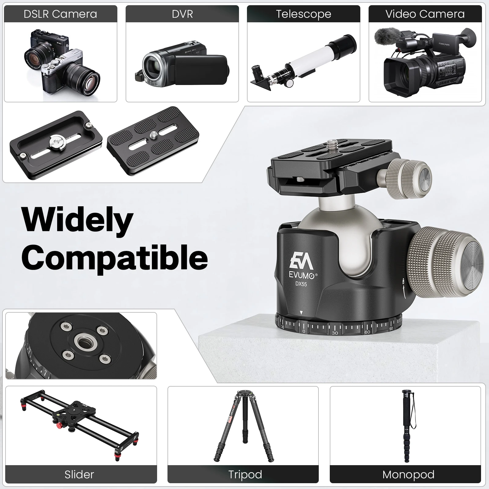 EVUMO DX55 Professional 55mm Big Ball Head Low Profile Panoramic Video Ballhead with Picatinny Clamp Arca Swiss Plate Load 40kg