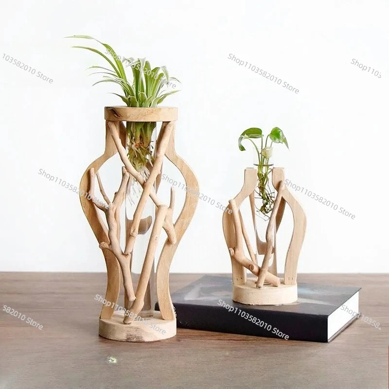 Handmade Solid Wood Mini Landscape Vase, Log Flower Device Hydroponic Test Tube Pastoral Multi-Potted Plant Ornament