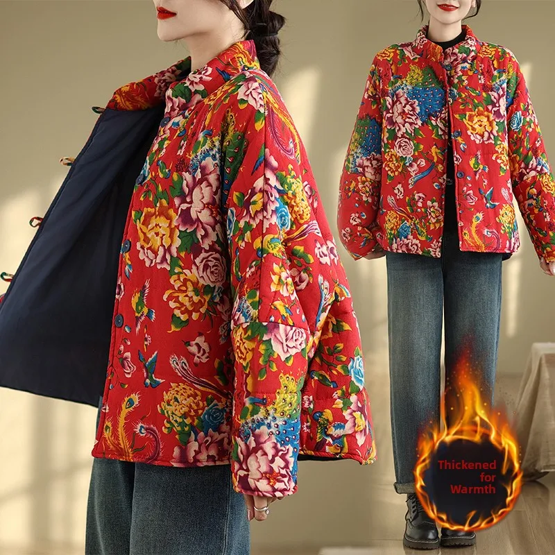 

Loose Fit Linen Cotton Jacket Women's Short Thick Winter Coat Vintage Style Printed Design Long Sleeve Stand Collar Coat