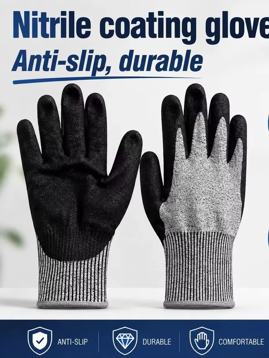 Work Gloves, HPPE Liner Polyester Knitted Liner Nitrile Sanding ，Level 5 CE EN388 Waterproof, For Garden Car Repair