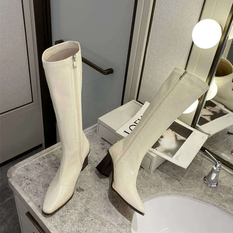 Stretch Women Knee High Boots New In Autumn Winter Sexy Elastic Ladies Long Booties Square Heel Fashion Pointed Toe Female Shoes