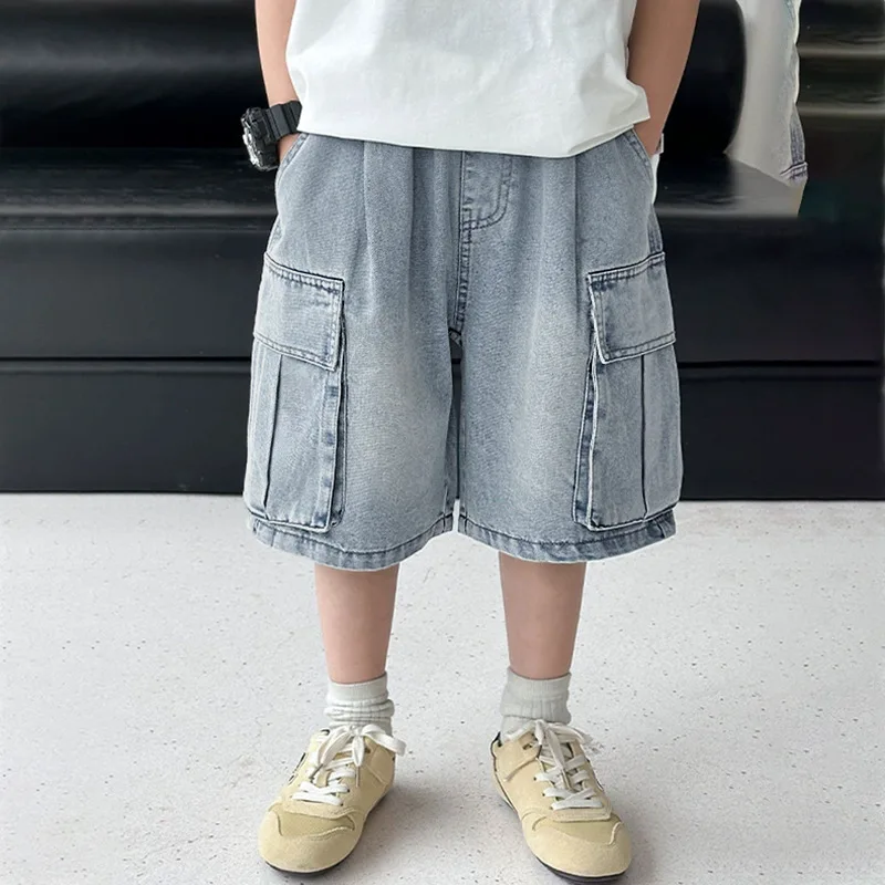 Boys Denim Shorts 2026 Korean Style Five Point Cargo Pants Summer Casual Wear