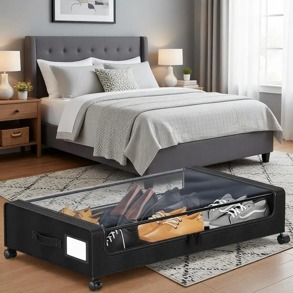 

Набор из 2 контейнеров XXL 60 л на колесиках для хранения под кроватью с прозрачными крышками для одежды, обуви, игрушек, книг - черные