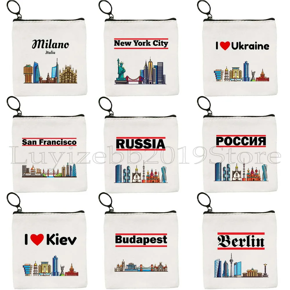 

Berlin Germany Budapest Sydney Milan Russia Moscow San Francisco New York Skyline Canvas Coin Purse Key Case Bag Wallet Pouch
