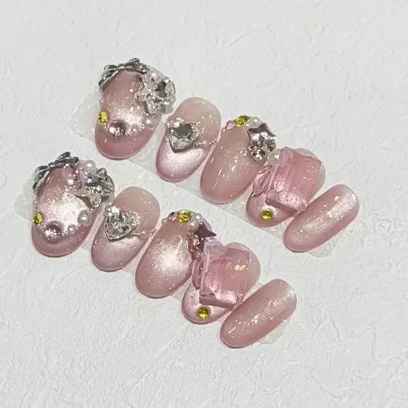 10 uñas postizas hechas a mano, rosadas, de presión, francesas con pedrería, cubierta completa, cuadros, manicura, reutilizables 4