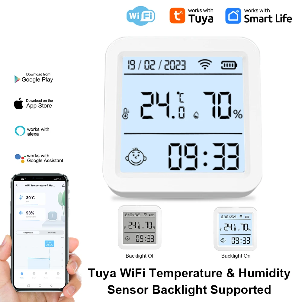 Умный гигрометр Tuya с Wi-Fi, термометр с подсветкой, с поддержкой Alexa и Google Assistant
