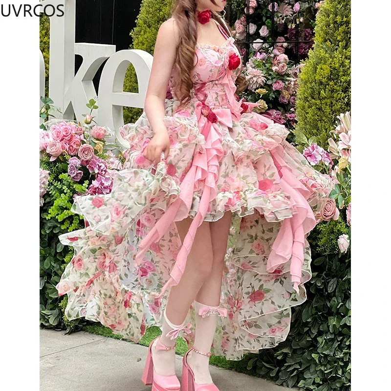 ญี่ปุ่น Harajuku lolita ผู้หญิงแฟชั่นดอกไม้สีชมพูโบว์ kawaii JSK ชุดสาวชีฟอง backless เกาหลีชุดเซ็กซี่