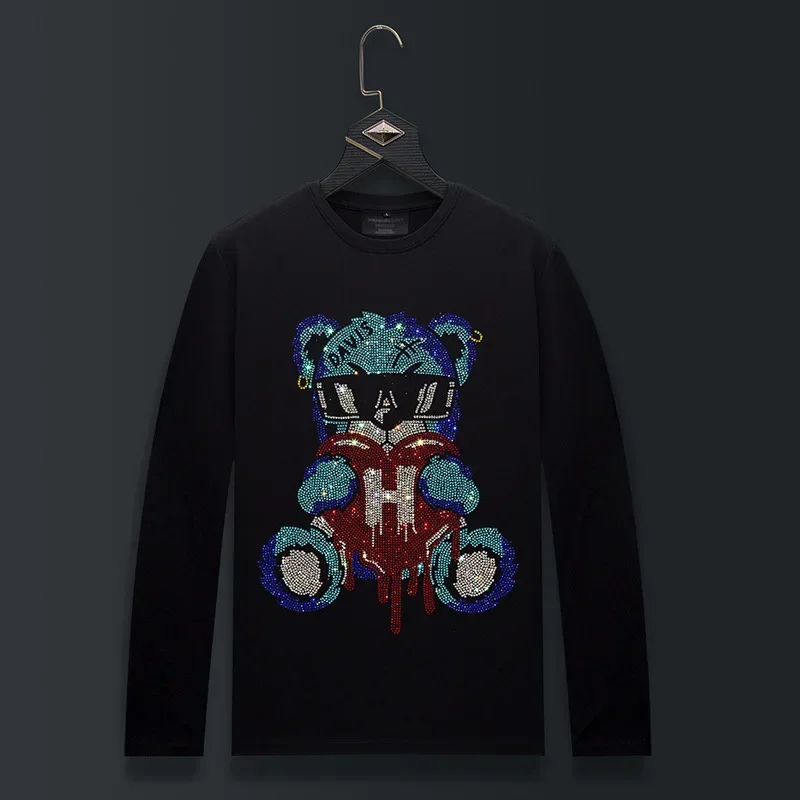 

Футболки больших размеров с круглым вырезом и длинными рукавами, мужская модная уличная одежда, модальные хлопковые тонкие футболки с рисунком медведя и стразами, мужская одежда