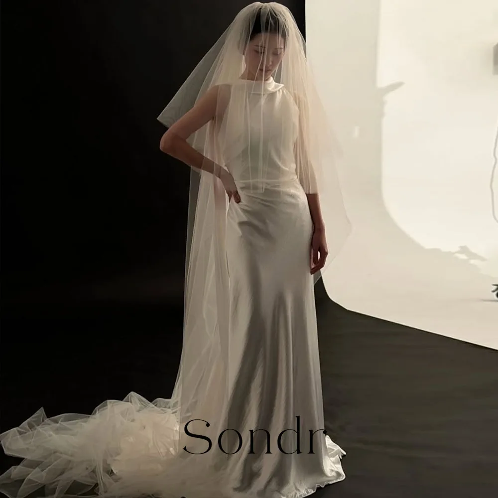 Suknie ślubne koreańskie bez pleców z kołnierzem szalowym Sondr, bez rękawów, na sesję zdjęciową, suknie na przyjęcie weselne, nowość 2026
