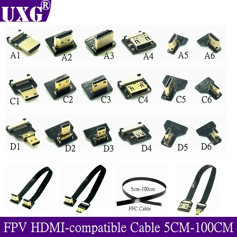 Ribbon Flat FPV HDMI-Compatible Connector Flexible Cable Raspberry Pi 4 Micro HDTV To HD/Mini HD Female 90 Degree FFC 20pin