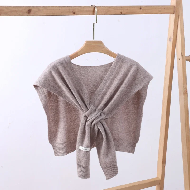 Women 100% Pure Wool Tie Front Shrug With Tag Hole Design Knit Shoulder Wrap Soft Air Condition Shawl Casual Dress Outerwear