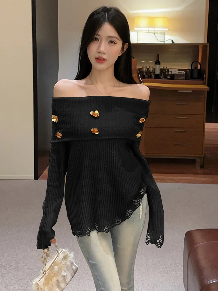 Korean Style Loose Fit Knitted Sweater Sweet Irregular Pattern Floral 3D Design Overhead Hole Casual Long Sleeve Women's Top