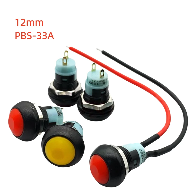 1pcs PBS-33A 12mm Car button small switch Connector line self-locking with lock waterproof light button switch circular wire