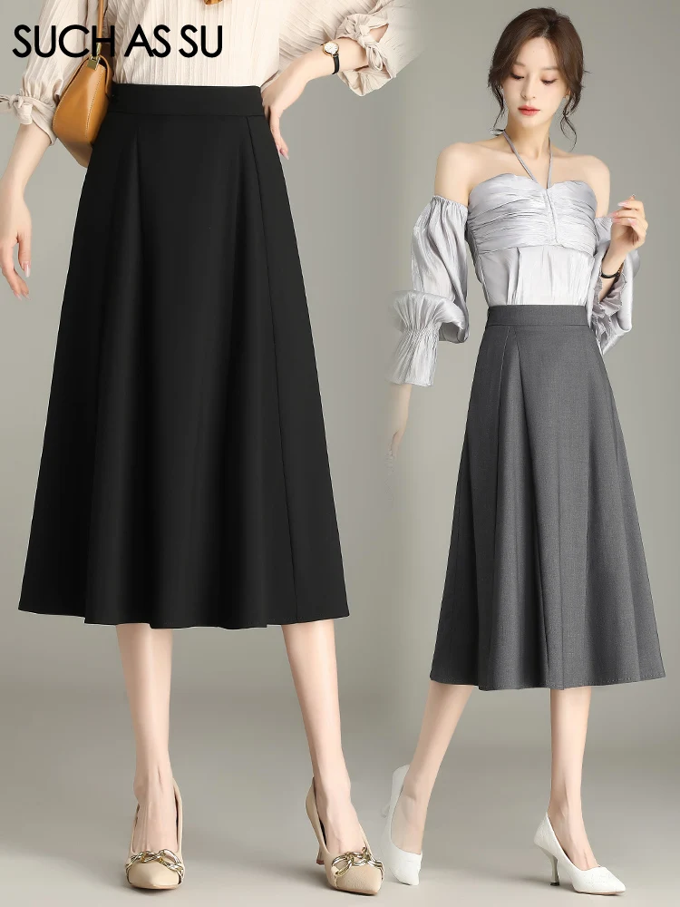 

SUCH AS SU 2023 All Season New Women's Pleated Skirt Sexy Big Hem S M L XL XXL XXXL Size Mid-Long Slim Female Black Grey Skirt