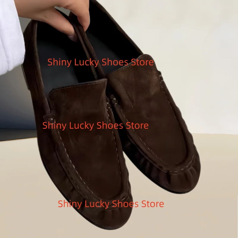 Zapatos Plisados para Mujer con Punta Redonda y Tacón Plano, Mocasines Femeninos con Costuras, Calzado Sólido para Mujer