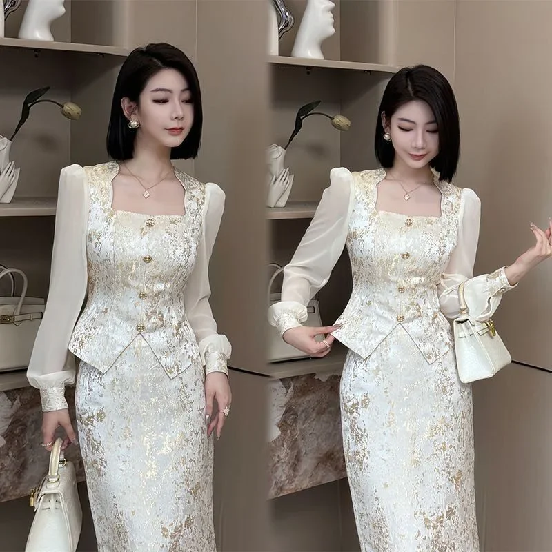 New High Quality Fashion Party Women's Two Pieces Set French Luxury Jacquard Patchwork Tops+High Waist Midi Skirt Women's Suit image 2