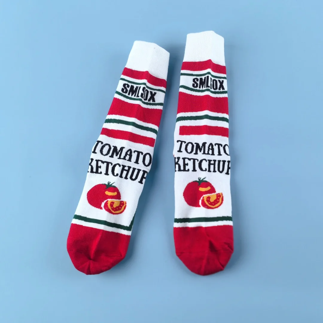 1 Pair  Funny Tomato Ketchup Printed Mid-Calf Men Socks Suit In All Seasons