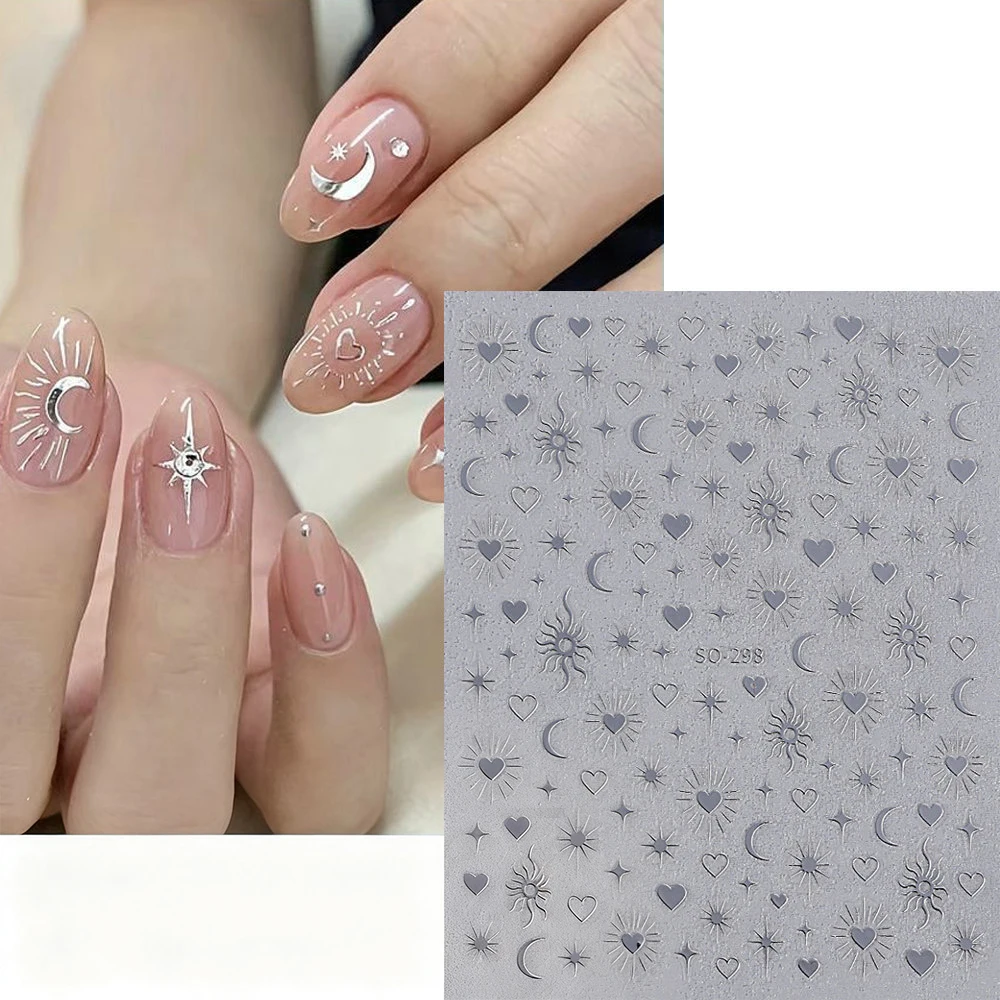 1 Stück 3D vergoldetes Silber ausgehöhlte herzförmige Nagelkunstaufkleber DIY Liebe-Herz Sternenlicht Halbmond Mythos Nagelaufkleber 12 x 8 cm