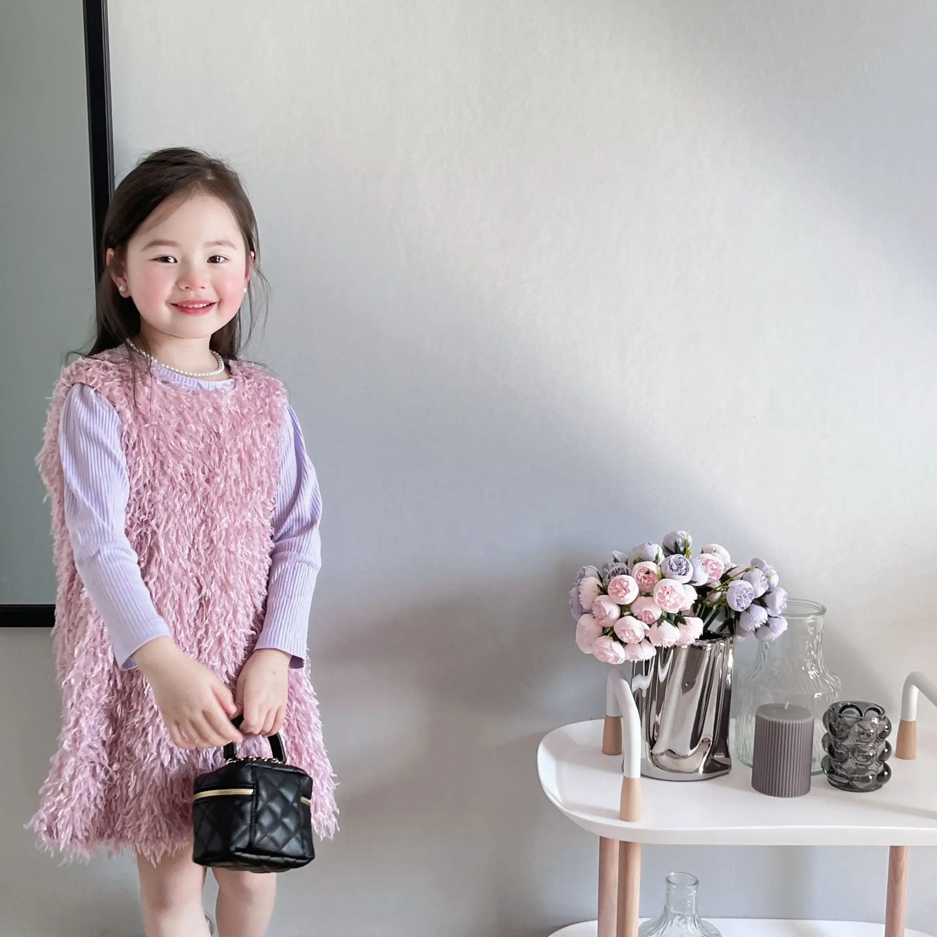 Girl Clothes Suit 2024 Korean Style Spring and Autumn Girls Children All Match Shift Dress Foreign Fashion Feather Vest 2-piece