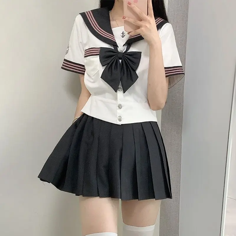 Japan Genuine School Girl Uniform  JK Green Sailor Basic Cartoon Three Lines Sailor Uniform Sets Navy Costume Women Girl Costume