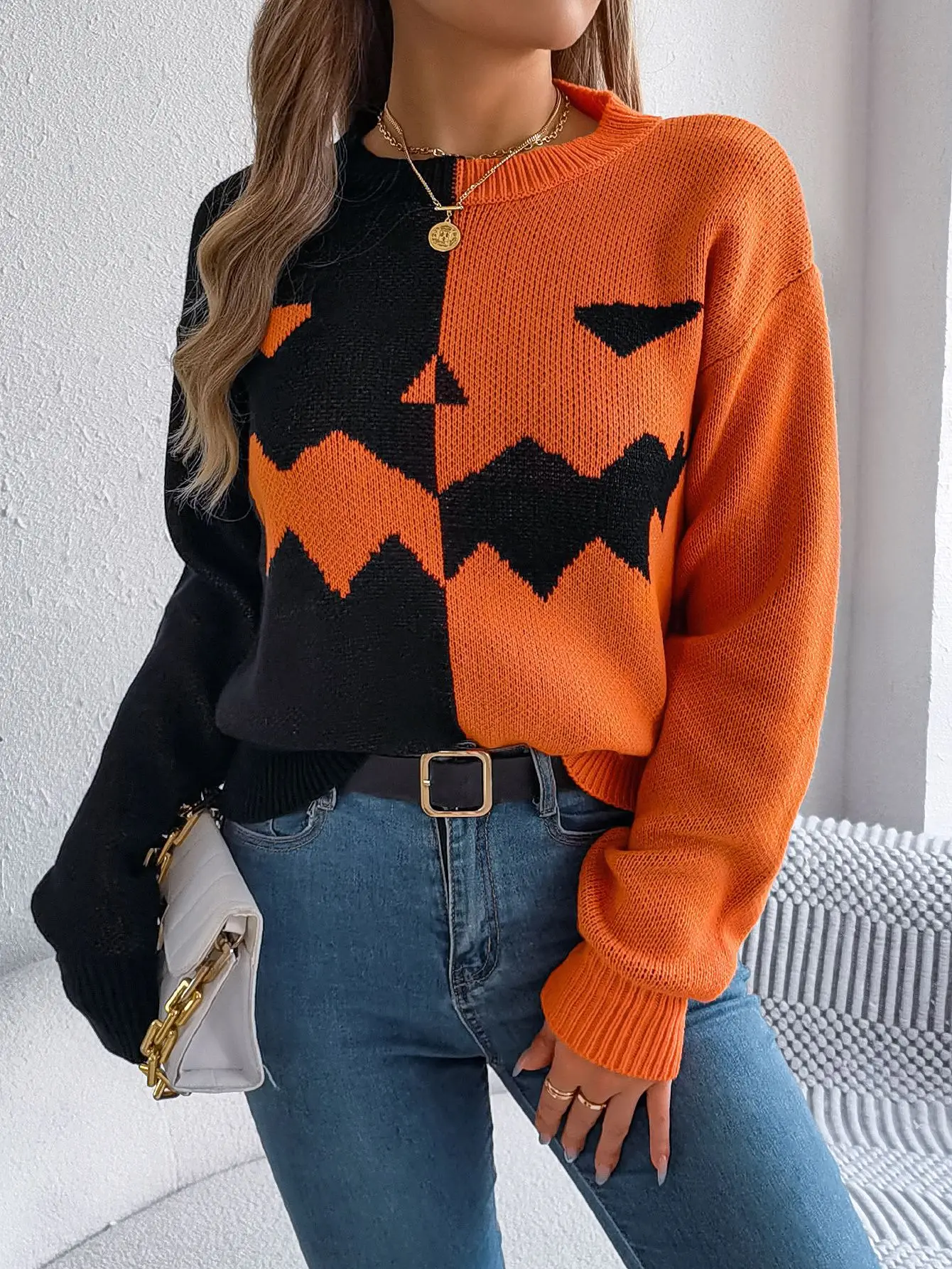

Autumn Winter Halloween Ghost Pumpkin Color Block Long Sleeve Sweat Comfortable Warm Knitted Crew Neck Top