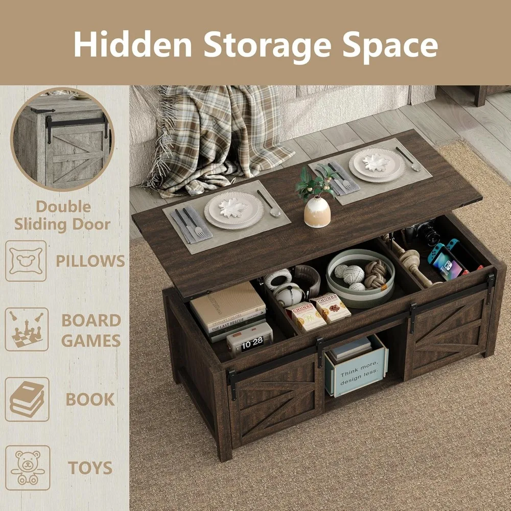 Rustic Farmhouse Style Lift Top Coffee Table with Sliding Barn Doors Storage for Living Room