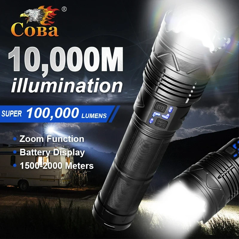 Powerful LED Flashlight Super Bright Spotlight Long Range Zoomable Emergency Torch Outdoor Lamp Lantern Power Display