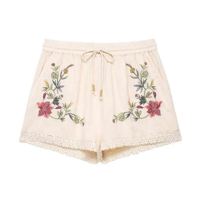 Nuevo Conjunto de Dos Piezas de Verano 2025 para Mujer: Top de Manga Corta con Cuello Redondo y Bordado de Flores y orts de...