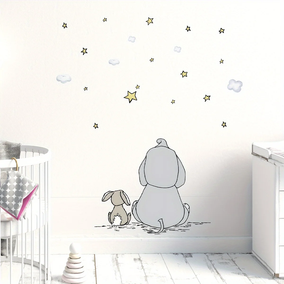 Cartoon Cute Rabbit Dog Watching Starry Sky Animal Wall Stickers for Kids Room Living Room Nursery Decoration Wall Decals