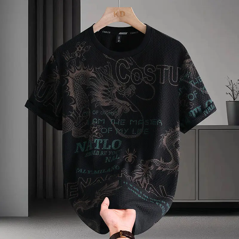 

Мужская летняя повседневная модная универсальная тонкая футболка с короткими рукавами и круглым вырезом, красивая облегающая футболка с принтом