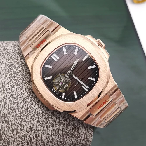 Imagen 1 del producto Reloj mecánico automático para hombre con movimiento cuadrado NH38 de 40MM de oro rosa de lujo, cristal de zafiro, fecha, correa de acero inoxidable