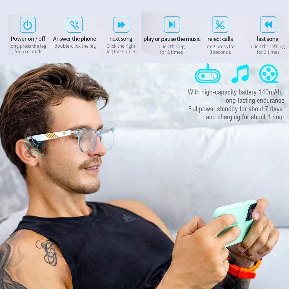 New 2024 Smart Bluetooth 5.0 SunGlasses Anti-BlueLight Eyeglasses IP67 Hands-Free for Calling Music Sport Otdoor Wireless Stereo