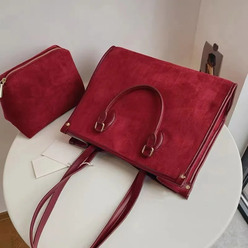 Burgundy Women Tote Velvet Designer Purses And Handbags 2022 Winter Large Capacity Female Shoulder Bags Velour Hand Bags Ladies